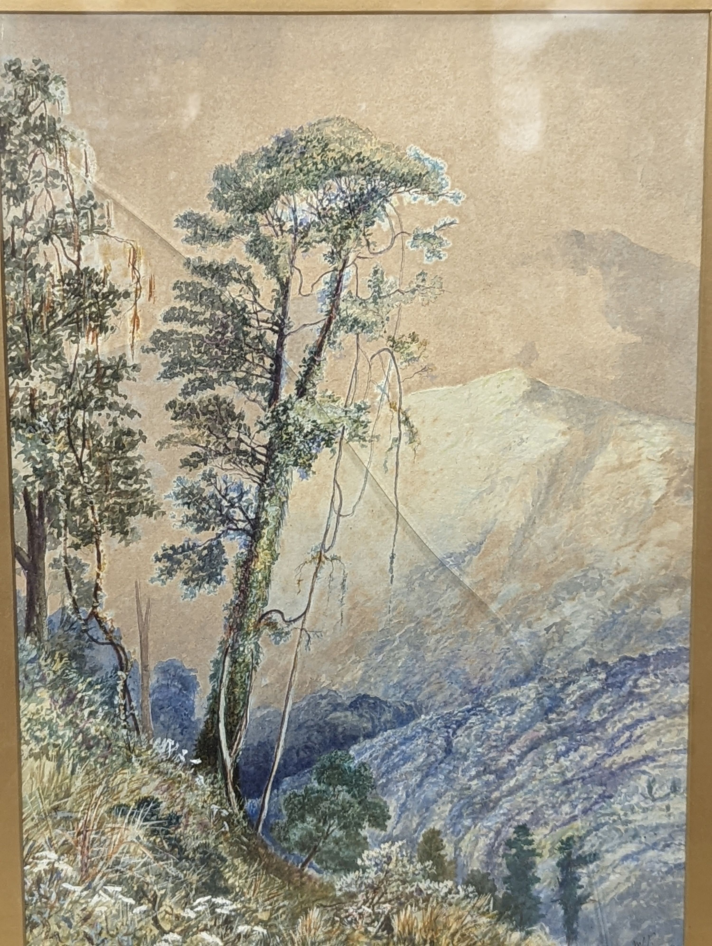 Late 19th century Indian School, watercolour depicting mountainous landscape, initialled MJP and dated ‘89, 44 x 31.5cm